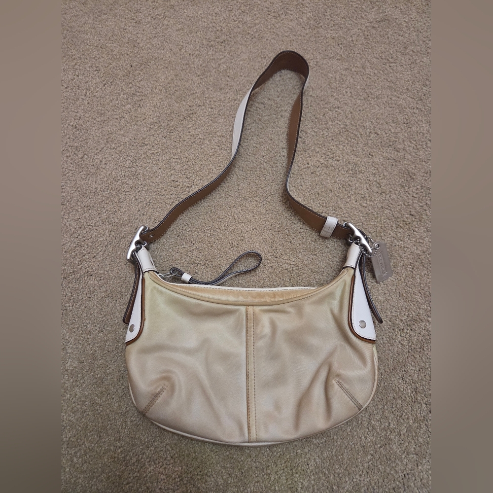 Vintage Nylon Coach Cream, White, And Brown Shoulder Bag